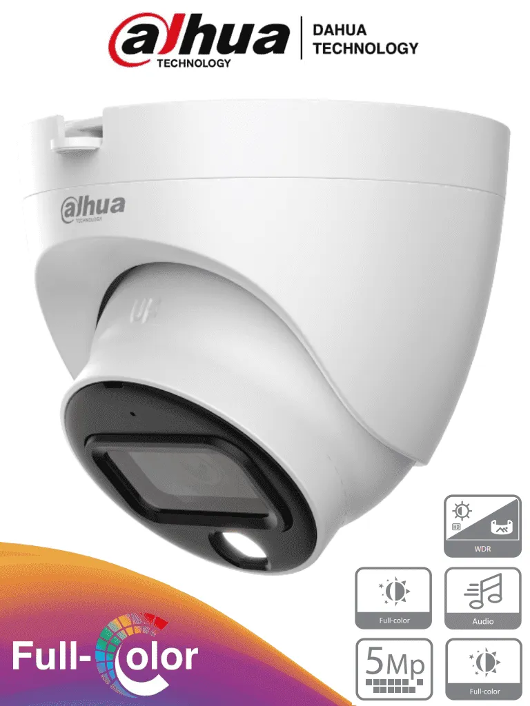 Cámara Domo Full Color de 5 MP con micrófono integrado y lente de 3.6 mm con 88° de apertura. Ofrece imagen a color 24/7, WDR real de 120 dB, LEDs para 20 metros. Resistente al agua con clasificación IP67