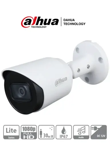 [DH-HAC-HFW1200TN-A-0280B-S4] Dahua Cámara Bullet HDCVI 1080p micrófono integrado, lente 2.8 mm, ángulo de visión de 103°, IR 30 m, IP67, carcasa metálica